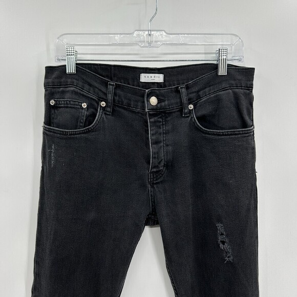 SANDRO Paris Black Dark Wash Button Fly Distressed High Rise Skinny Jeans 30 - Picture 3 of 10